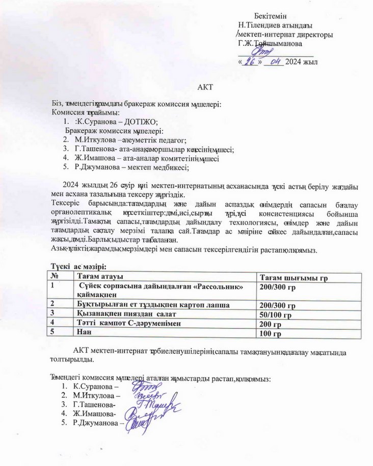 Бракираж комиссияның  4 тоқсандағы тексеру қорытындысы